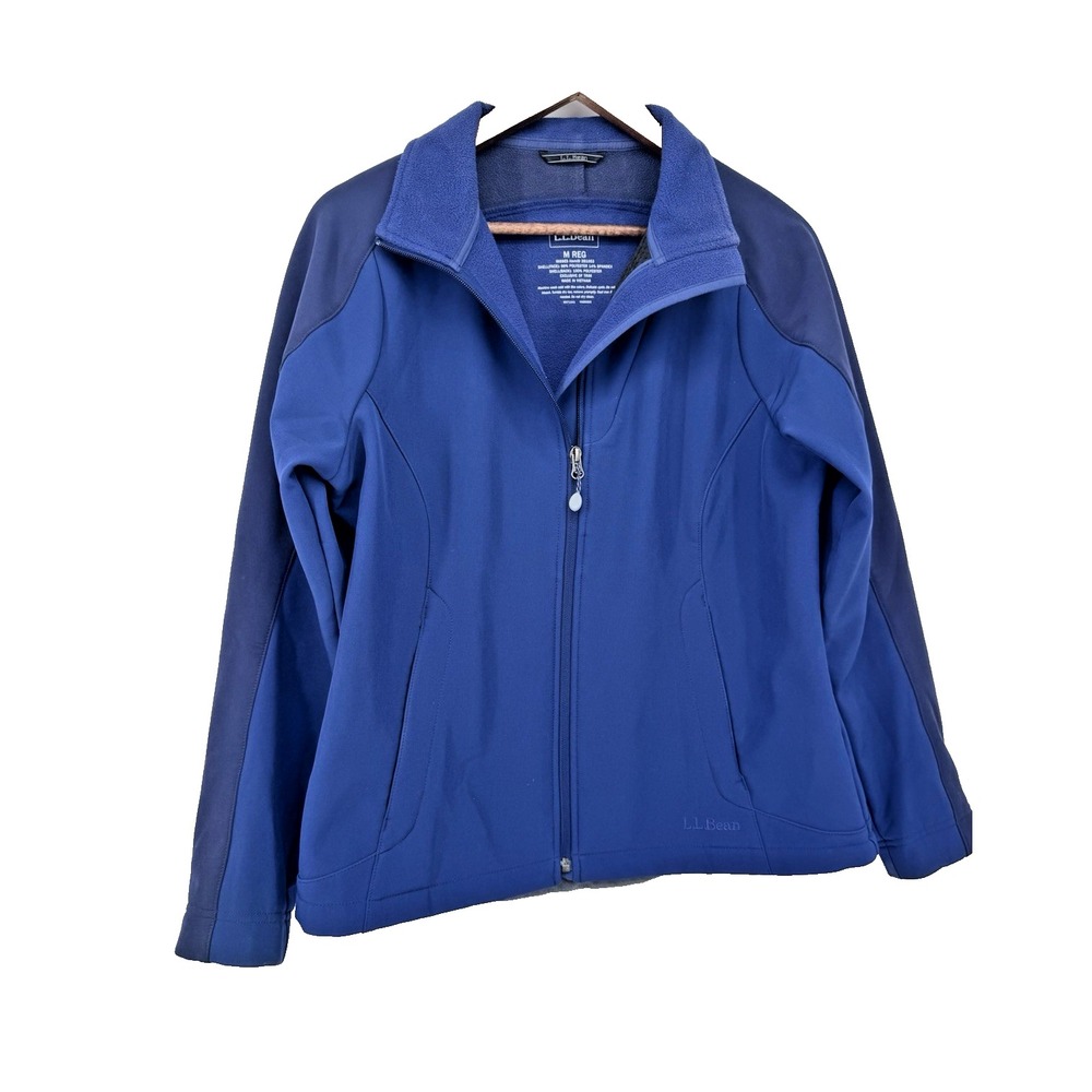 LL Bean Womens M Blue Softshell Jacket Fleece Lined Full Zip Outdoor Hiking